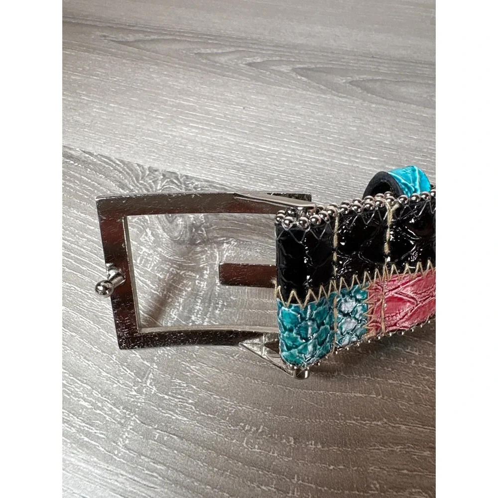 Guess Womens Y2K Patchwork Faux Snakeskin‎ Studded Rhinestone Belt Multi Color M